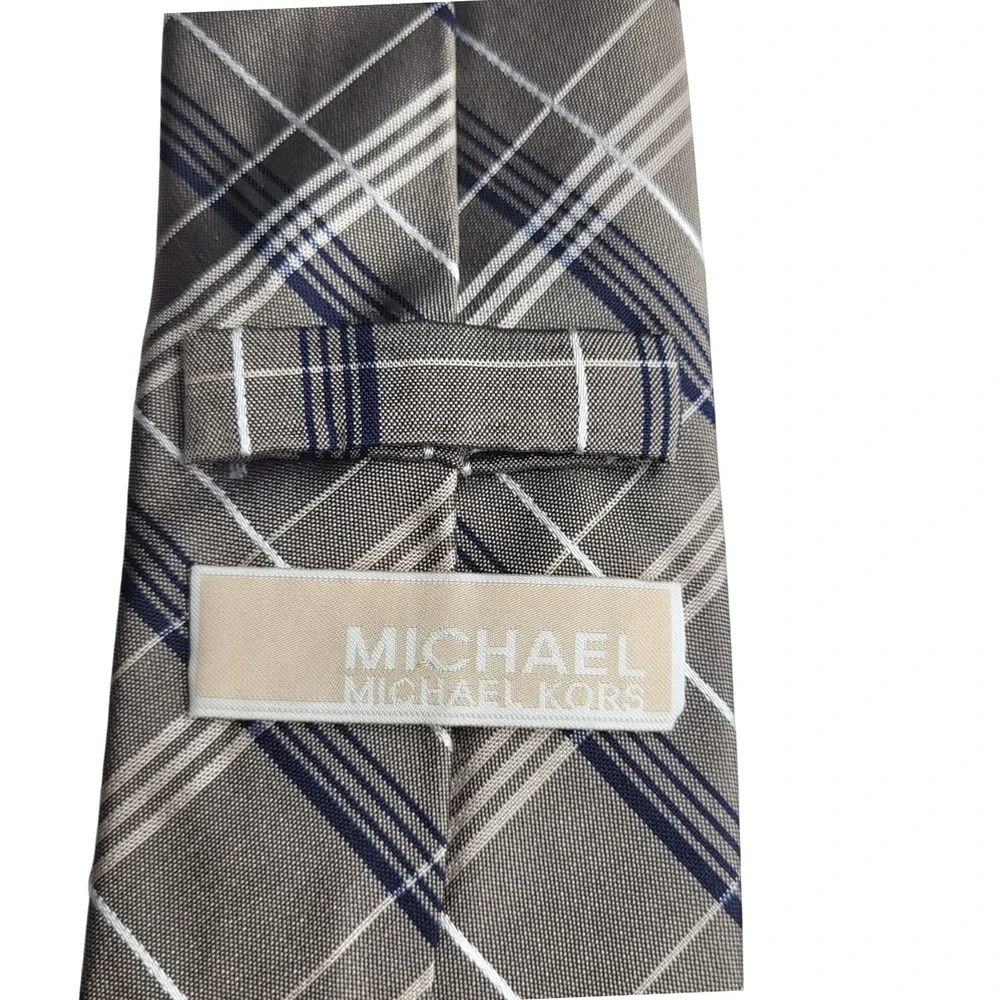 Michael Kors 100% Silk Taupe‎ Blue White Diagonal Plaid Tie 2.5